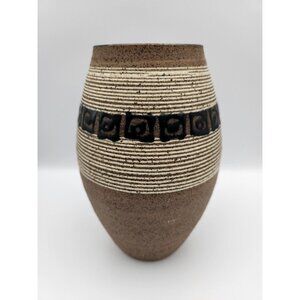 Black/Brown Speckled Striped Black Square Pattern Studio Pottery Vase Glazed